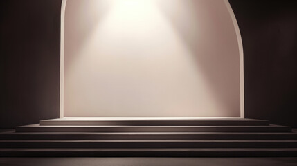 A room with steps leading to the top and arches for the presentation and placement of advertising, people, products, goods. Dark space with neutral beige lighting. Minimalistic style, matte materials.