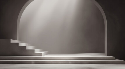 Obraz premium A room with steps leading to the top and arches for the presentation and placement of advertising, people, products, goods. Dark space with neutral beige lighting. Minimalistic style, matte materials.