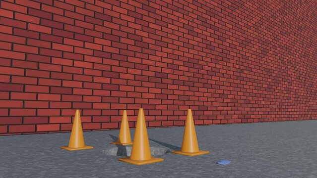 3D animation of a man looking at his phone while walking and falling down an open hole in the street. His phone bounces on the concrete beside the hole. 