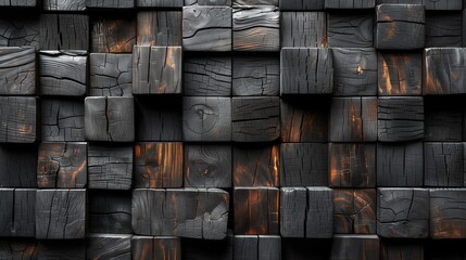 Closeup of a brown wooden wall built from rectangular cubes