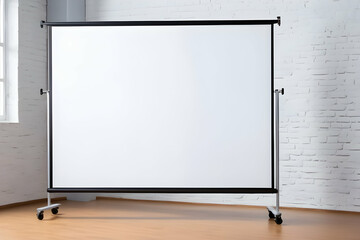 Empty white Presentation board on the floor stand with wheels on the office room. Empty Projection screen.