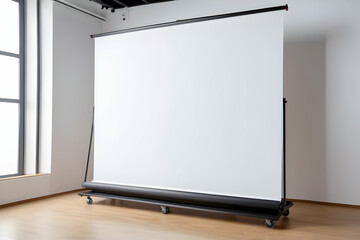 Empty white Presentation board on the floor stand with wheels on the office room. Empty Projection screen.