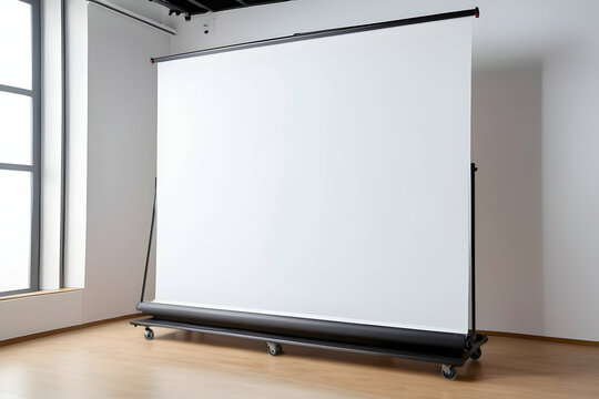 Empty White Presentation Board On The Floor Stand With Wheels On The Office Room. Empty Projection Screen.