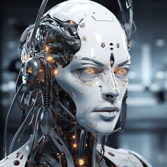 Close up of a robot head with a microphone on its helmet