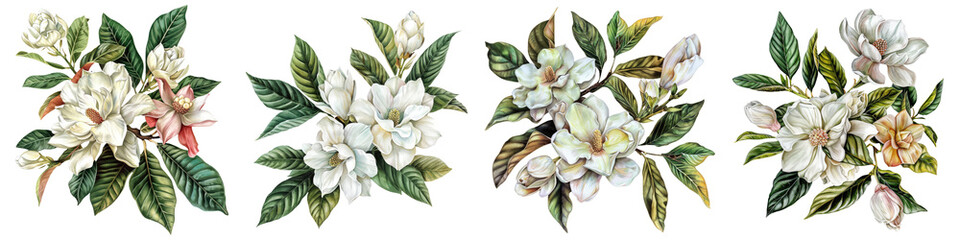 Collection of magnolias, gardenias, and southern magnolia leaves flowers bouquet, cutout, png isolated transparent background