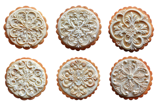 Set of icing sugar holiday gingerbread cookies on a transparent background, Generative AI