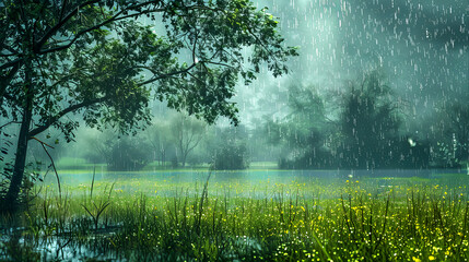 Rainy season beautiful landscape meadows tree forest raining natural scenery wallpaper