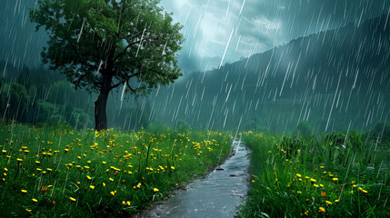 Spring and rainy season natural landscape. Beautiful flowers and tree scenery with a small pedestrian pathway