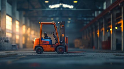 Orange forklift awaiting in a large warehouse