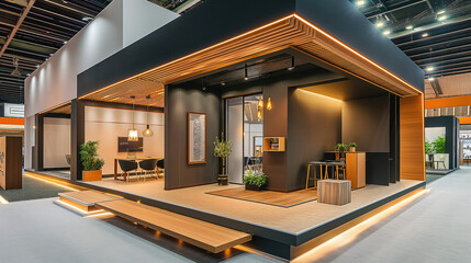 A beautiful exhibition stand in the form of a room with an interior in beige and light colors for presentation. Lighting, white ceiling, modular texture of materials, modern furniture. Creative design