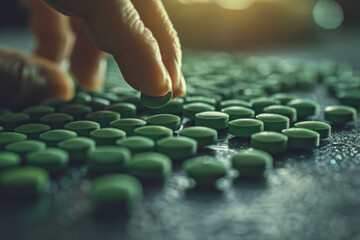 Hand grab green pill from a pile, drug, medicine, health concept - obrazy, fototapety, plakaty
