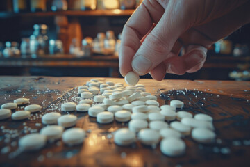 Hand grab white pill from a pile, drug, medicine, health concept - obrazy, fototapety, plakaty