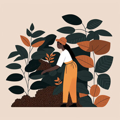Farming coffee production stages concept with farmer picking, loading, drying and roasting coffee beans on farm. Mockup for pack, ad, presentation.