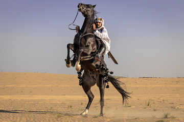 Arabian horseman rearing his horse in the empty quarter desert 