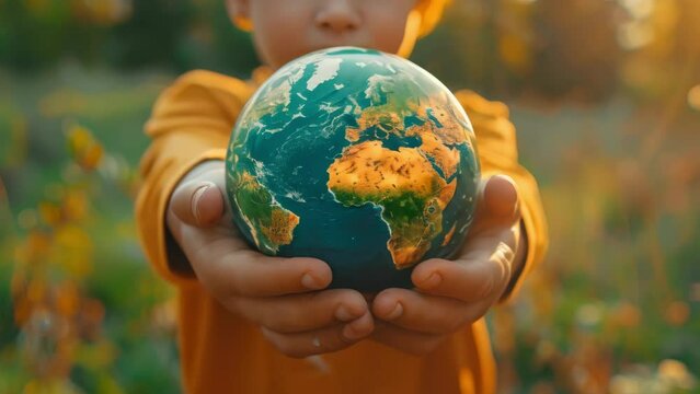 close up  young boy environmentalist holding the planet earth, save world concept