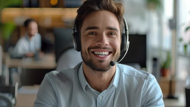 happy Male contract service representative telemarketing operator smiling to camera. Happy man call center agent or salesman wearing headset working in customer support office
