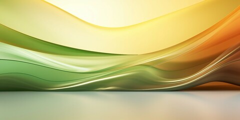 抽象背景横長バナー。透明感のある黄色とオリーブグリーンとオレンジの波がある空間