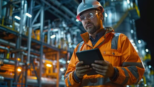 man engineer in uniform working and check outside factory of Large oil pipeline and gas pipeline in the process of oil refining and the movement of oil and gas