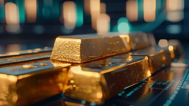 Gold Bars with up trend graph charts running, concept of Boom or bull run in Digital Gold market Shares