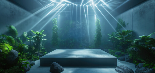 Selling image for business, advertising, identity, logos and text. A beautiful background for placing services, objects, goods, projects and people. Podium in the middle of nature, spotlights.