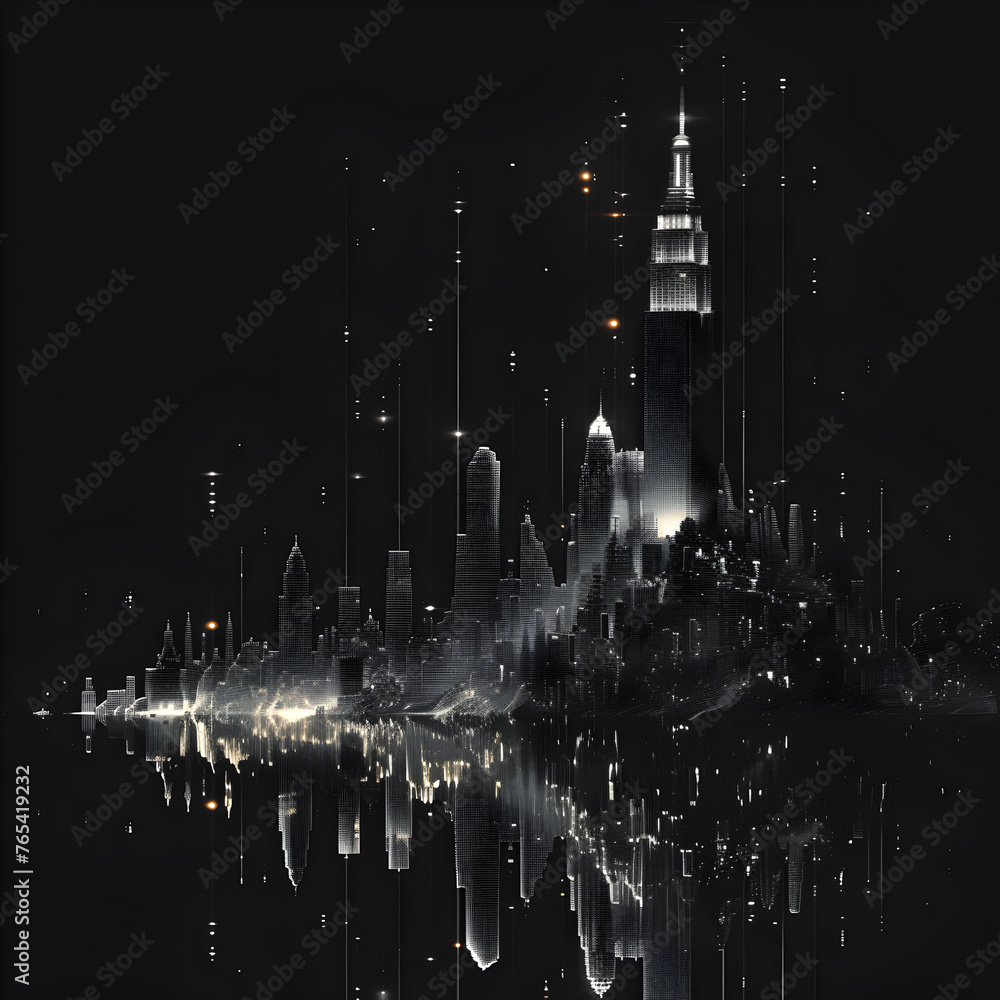 Poster a city skyline is reflected in the water. the buildings are tall and the lights are on, creating a s