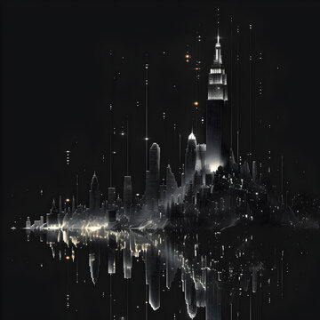 A city skyline is reflected in the water. The buildings are tall and the lights are on, creating a sense of depth and movement. The image evokes a feeling of urban life and the hustle Generative AI