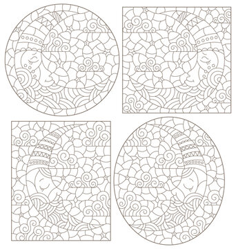 Set of contour illustrations of stained glass Windows with the moon and sky, round and rectangular image, dark contours on white background