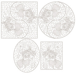 A set of contour illustrations in the style of stained glass with koi carp fish, dark contours on a white background