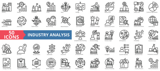 Industry analysis icon collection set. Containing competitor, trends, swot, strategy, growth, market share, competitive advantage icon. Simple line vector. - obrazy, fototapety, plakaty