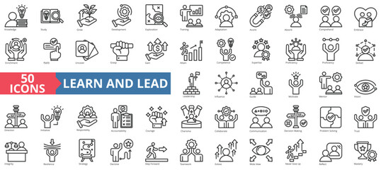 Learn and lead icon collection set. Containing knowledge, study, grow, development, exploration, training, adaptation icon. Simple line vector. - obrazy, fototapety, plakaty