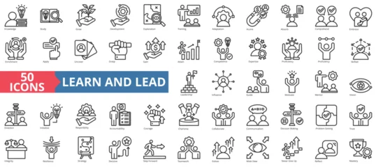 Foto op Plexiglas Learn and lead icon collection set. Containing knowledge, study, grow, development, exploration, training, adaptation icon. Simple line vector. © Uniconlabs