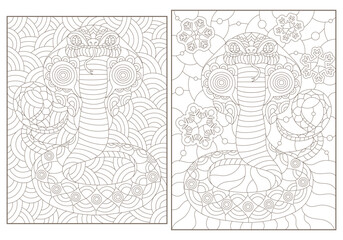 A set of contour illustrations in the style of stained glass with bright abstract snakes and cobras, dark contours on a white background
