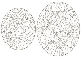 Set of contour illustrations of stained glass Windows with fish, fish sailboat and fish sword, dark contours on white background