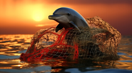 A dolphin caught in a fishing net. The problem of marine life affected by human waste. A dolphin caught in a fishing net. Environmental protection