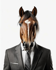 Man in suit with striped tie and horse head photoshopped onto his body.