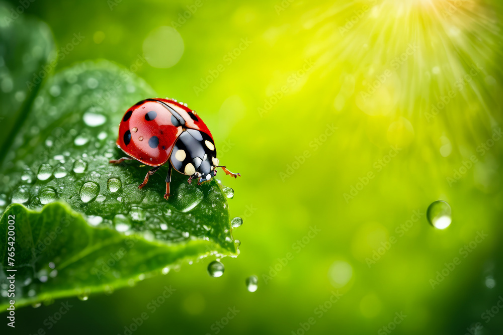 Poster ladybug is sitting on green leaf with dewdrops on it.