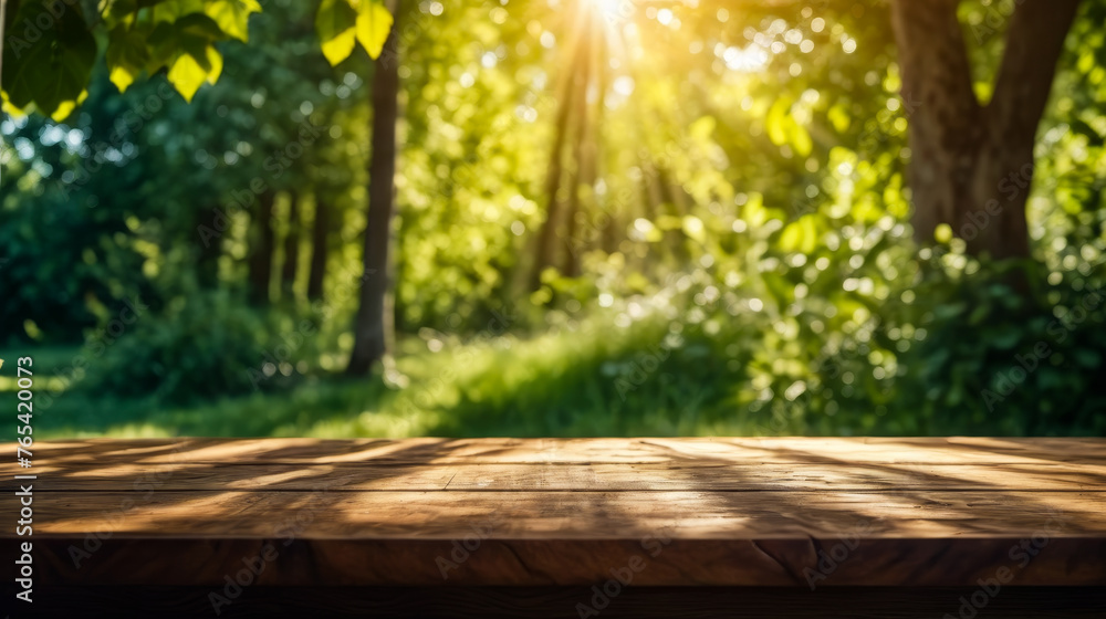 Canvas Prints Wooden bench sits in sunny spot surrounded by green grass and trees.