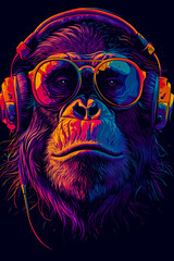 Colorful monkey wearing sunglasses and headphones is shown in illustration.