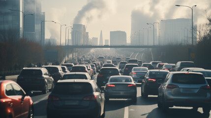 Long line of cars on the road during the city's rush hour, exhaust pollution, and environmental problems. Urban traffic congestion and pollution - obrazy, fototapety, plakaty