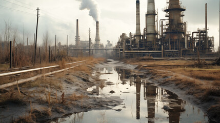 Obraz premium Devastating effects of industrial pollution on a river ecosystem. Industrial pollution on aquatic ecosystems. Environmental problems, Air pollution