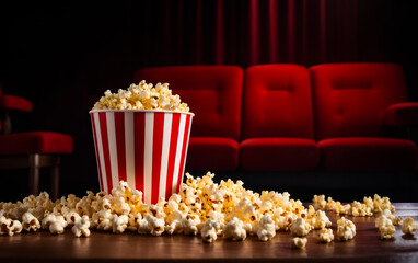 Red and white striped bucket filled with popcorn is placed on table in front of couch.