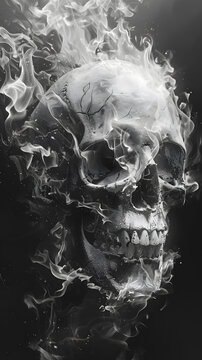 Monochrome photography of a bone skull with flames, artfully painted