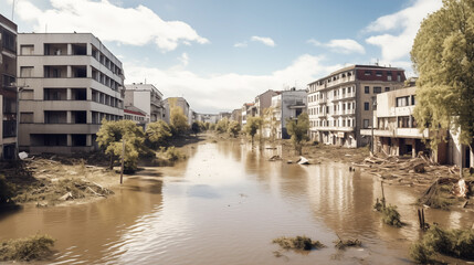 Fototapeta premium Urban flooding resulting from global warming, Impact of climate change induced rising waters submerging a city. Global warming, Climate change, Natural disaster, End of the world