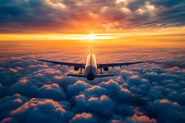 Airplane is flying through cloudy sky with the sun shining behind it creating impressive backdrop for the journey ahead. - obrazy, fototapety, plakaty
