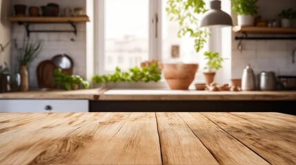 Fototapeta na wymiar Wooden table in kitchen with potted plants on it and behind it.