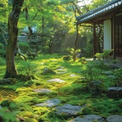 "Moss Blankets: Softness in Zen Landscapes" - Feel the softness of moss blankets in a Zen garden, where greenery adds texture and life to minimalist designs.