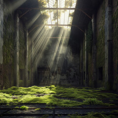 An abandoned building overgrown with moss and green forest vegetation. Old peeling walls, texture...