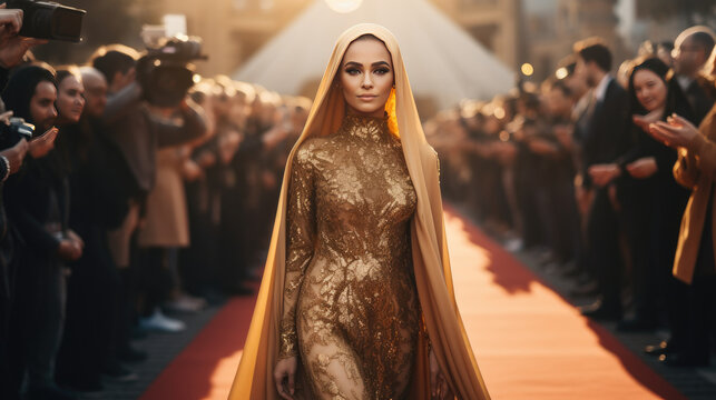 Moslem hijab famous celebrity with beautifulgold pink dress, walking and posing, being photographed by crowd of paparazzi photographers at red carpet event. 