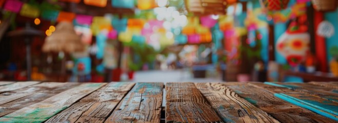 An empty old wooden table with festive decor and Mexican holiday lighting in soft focus in the background. A festive banner with more space for text or product.