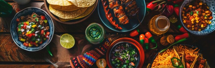 A table set with festive traditional Mexican dishes, top view. An illustration of food to celebrate traditional Mexican holidays.
